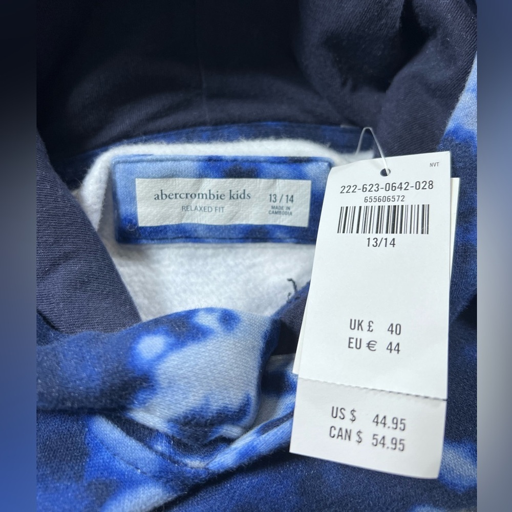 Abercrombie Kids Blue Tie Dye Hoodie Pullover Logo Sweatshirt Size 13/14 NWT - Picture 7 of 9